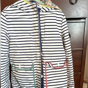 Mini Boden, Rain Coat, size 12 white with navy stripes, pickets scent colors.